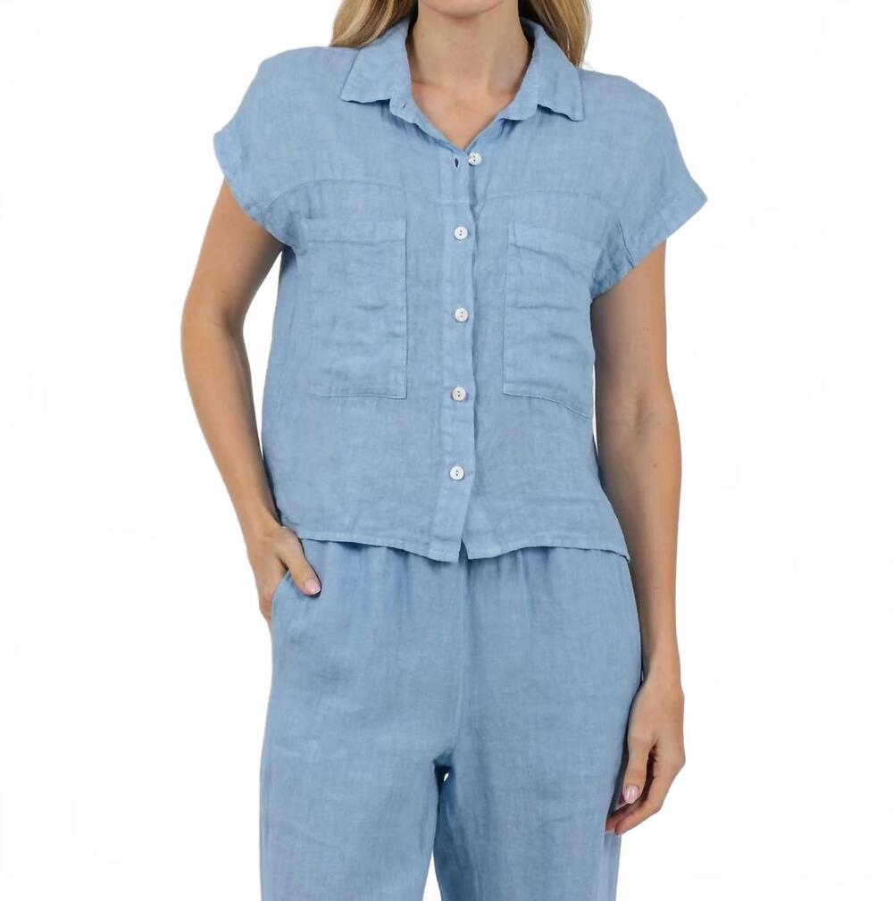NEW ELLIOTT LAUREN effie short sleeve linen shirt in amalfi blue